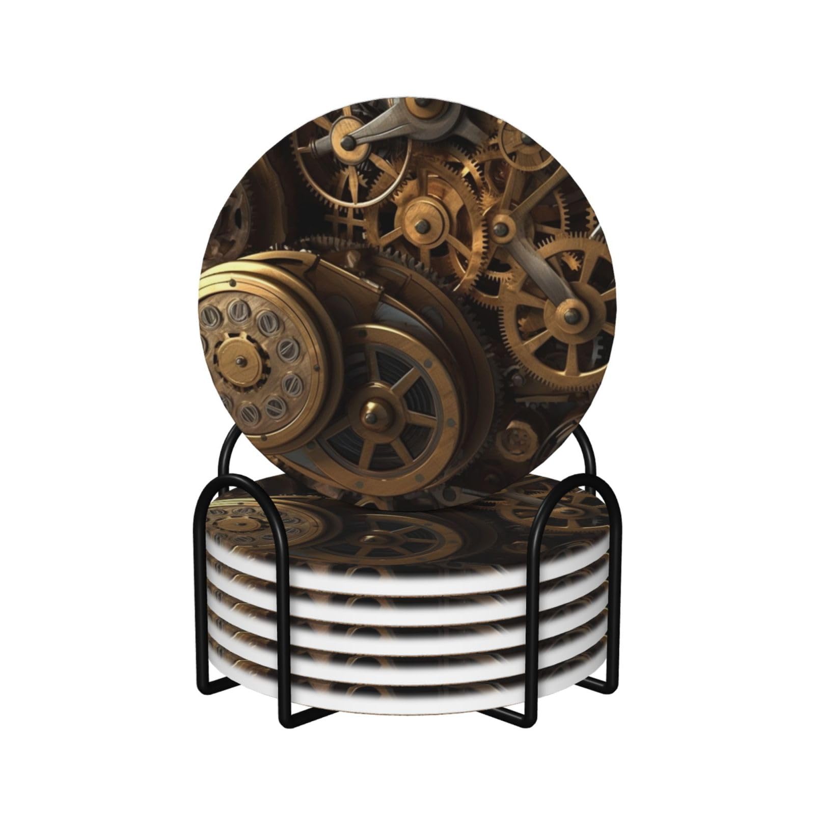 Cool Steampunk Gears Coasters for Drinks Set of 6 Absorbent Ceramic Coaster with Holder and Cork Base Cute Stone Drink Coasters for Home Decor Coffee Table Bar Desk Housewarming Gift