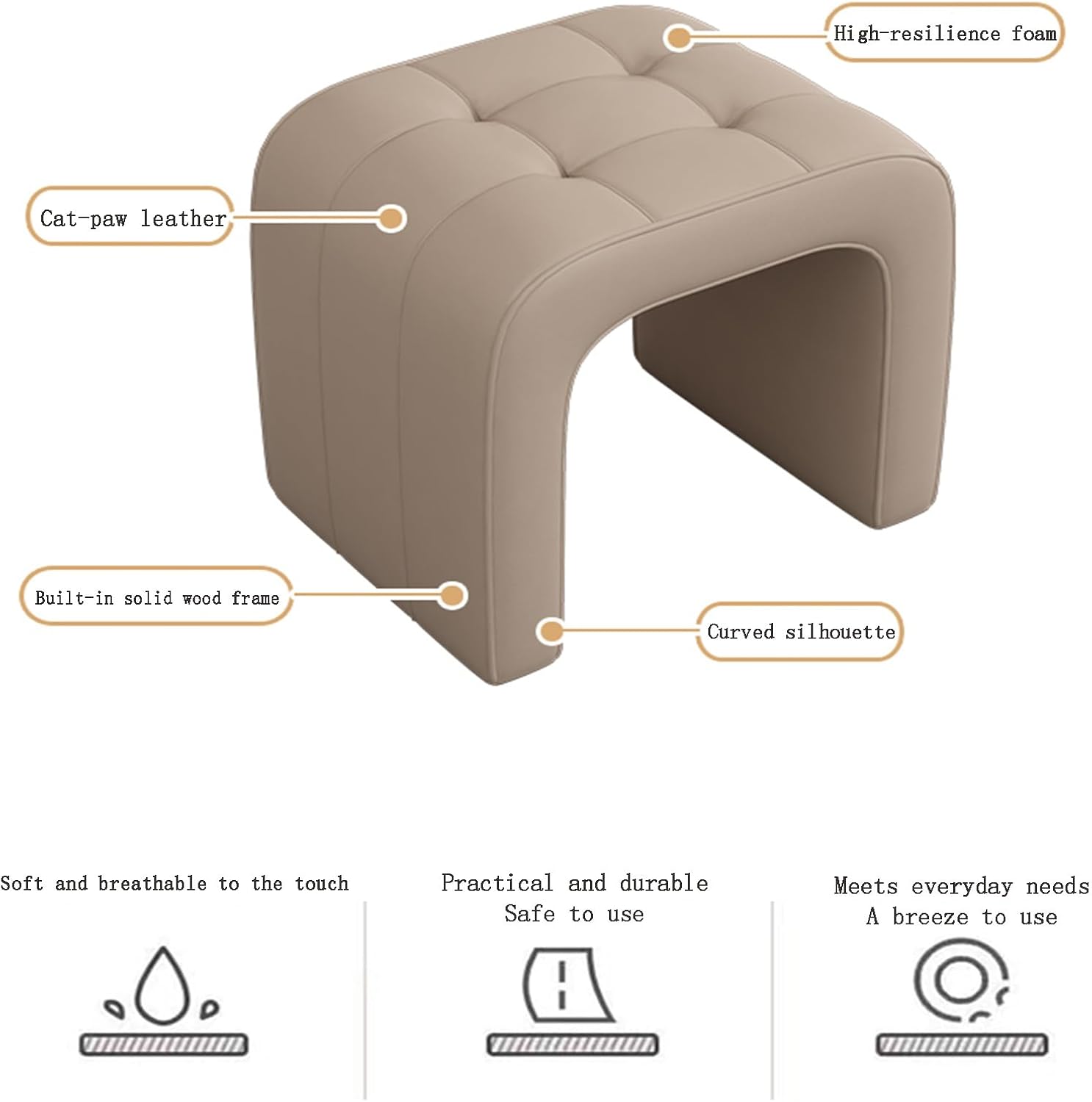Vanity Stool Chair, Modern Leather Ottoman Foot Stool with Wooden Legs Sofa Bench Footstool Extra Seat for Vanity, Makeup Room, Living Room, Entryway(B,45x35x40cm/18x14x16in)