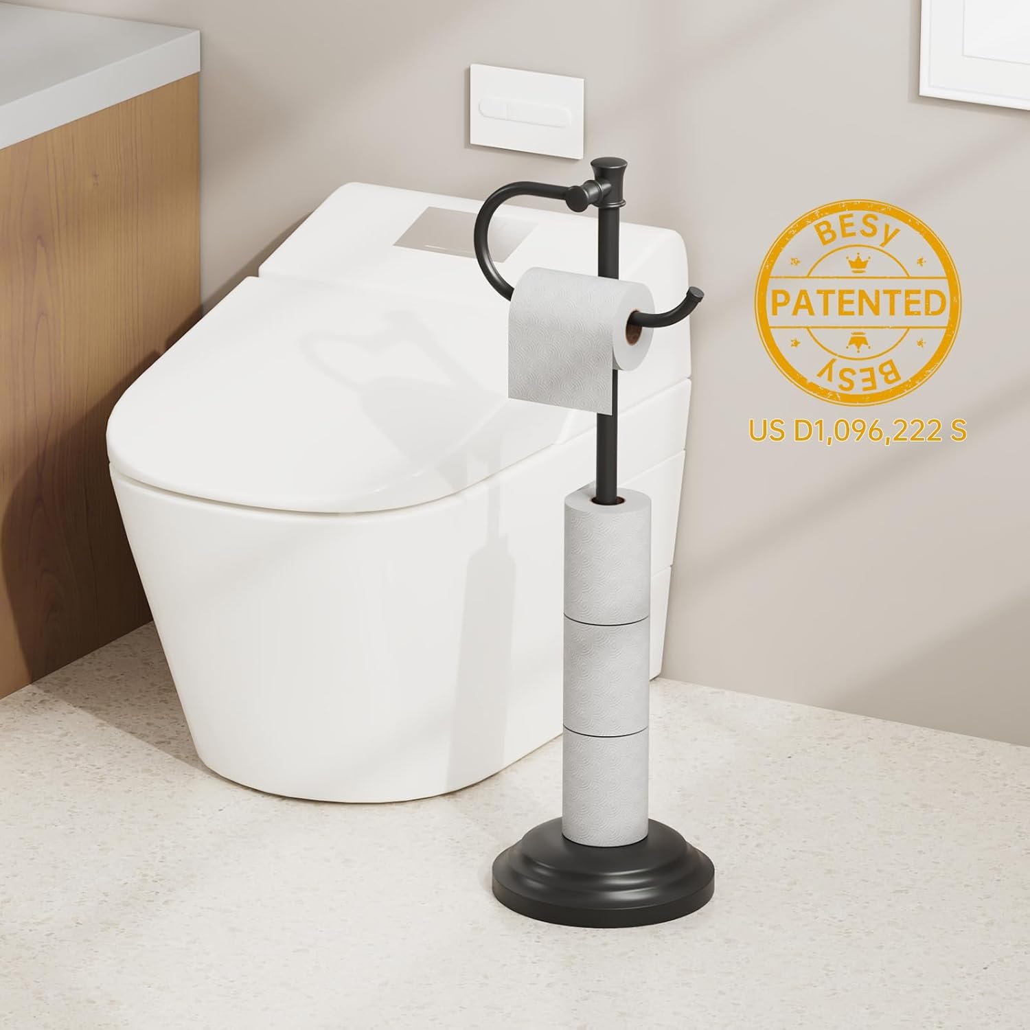 BESy Toilet Paper Holder Free Standing Bathroom Toilet Tissue Holder Stand for Floor Toilet Paper Roll Holder with Storage Hardware Accessories Rack Hand Towel Bar Matte Black Stainless Steel