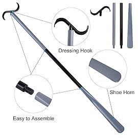 35 Long Dressing Stick with Shoe Horn with Sock Removal Tool, Adjustable Extended Dressing Aids for Shoes, Socks, Shirts and Pants Grey and Black