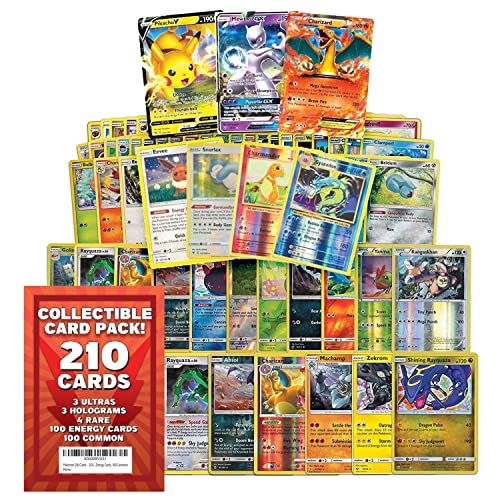 Pokémon Trading Card Game 210 Assorted Cards – 3 Gx, 3 Holograms, 4 Rare, 100 Energy, 100 Common Cards #TOP12