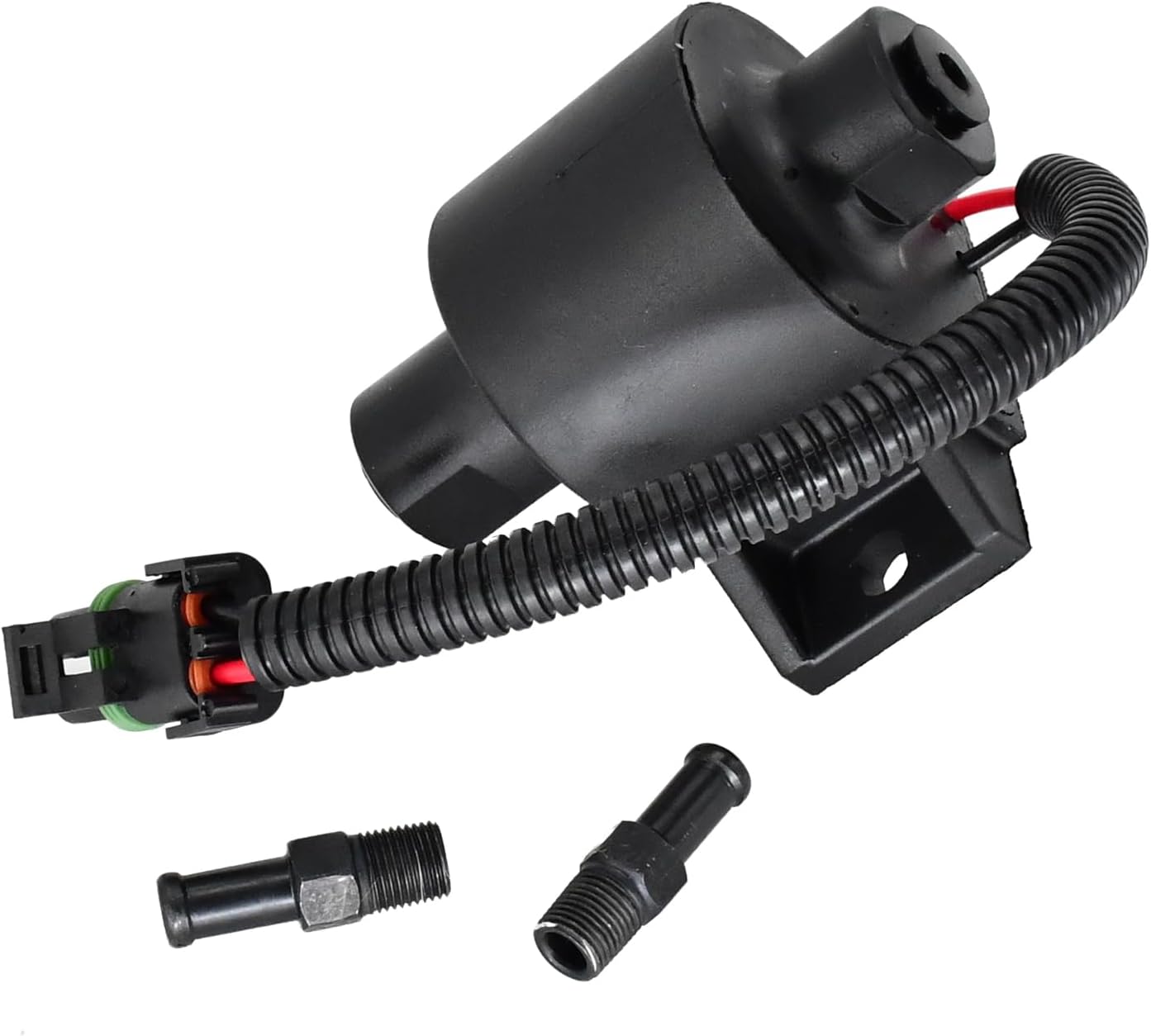 Angled view of the 12V Fuel Pump with electrical connector and two hose fittings, showing the flow arrow