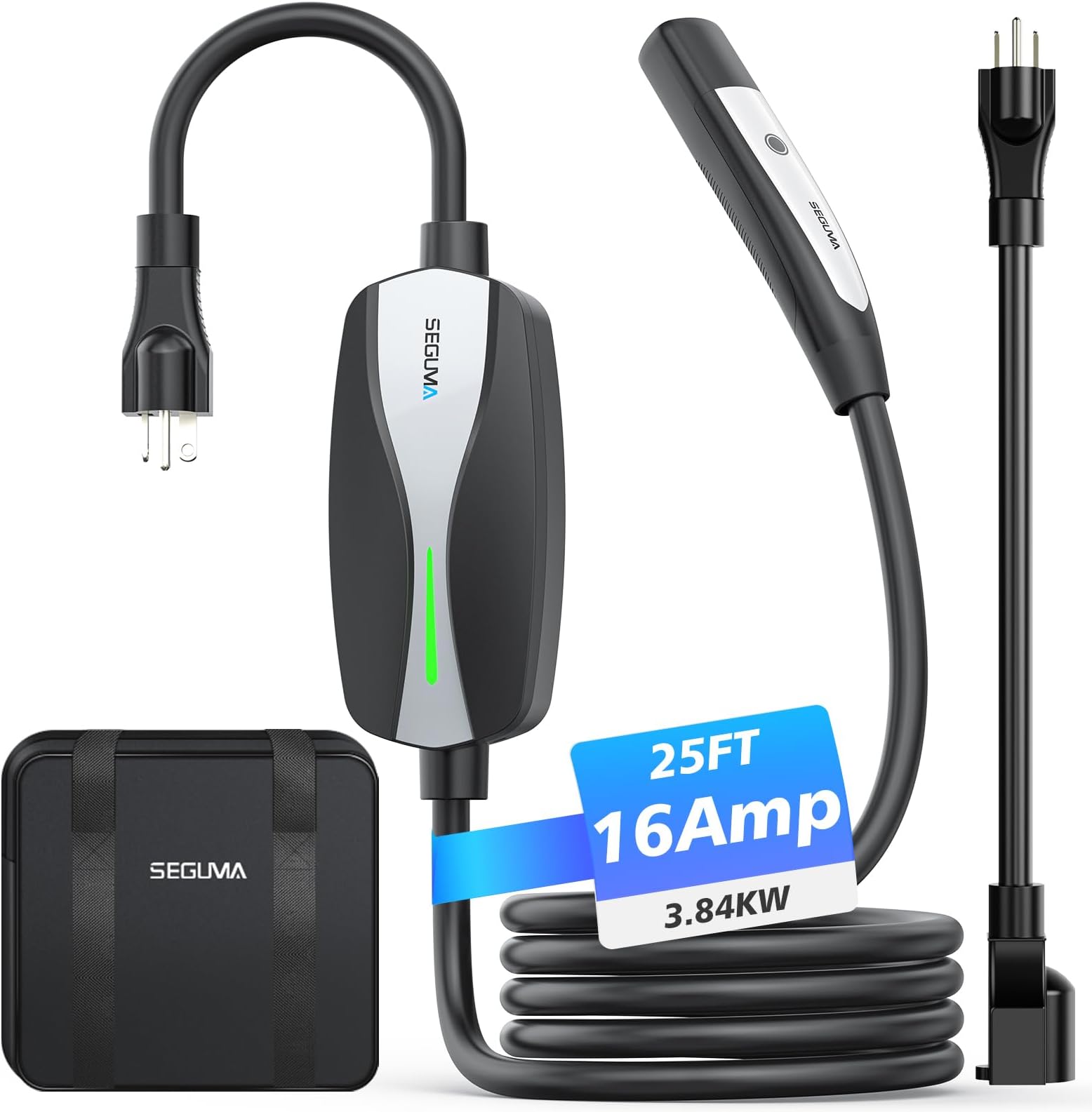 SEGUMA Level 1/2 Tesla Charger, 12A/16A, 25ft Extension Cable, Dual Voltage 240V NEMA 6-20 Plug & 120V NEMA 5-15 Adapter, NACS Connector, Portable Home Electric Car EV Charger for Tesla Models Y/X/3/S