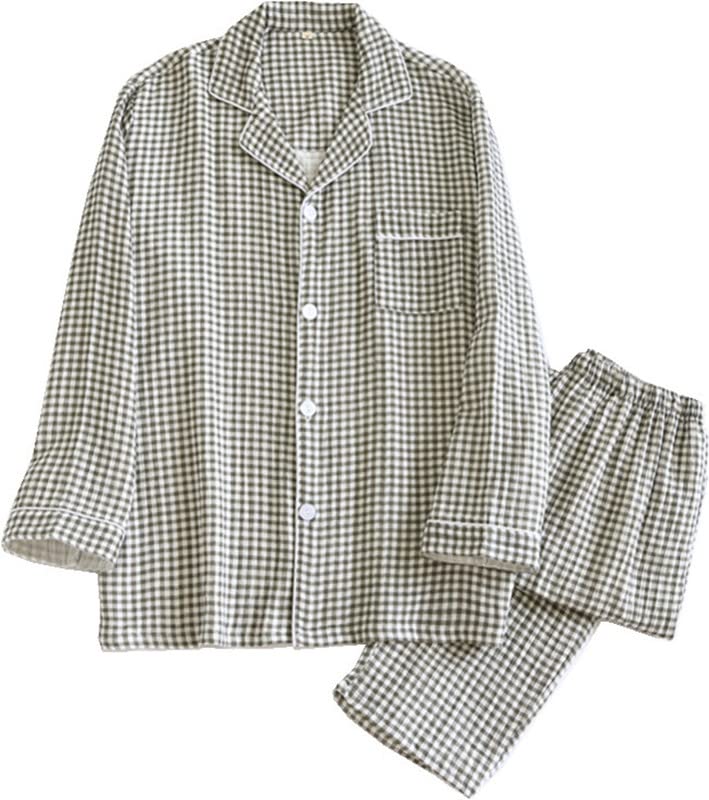 Shanghai Story Couple's Cotton Nightgown Sleepwear Long Sleeves Nightwear Casual Check Print PJS