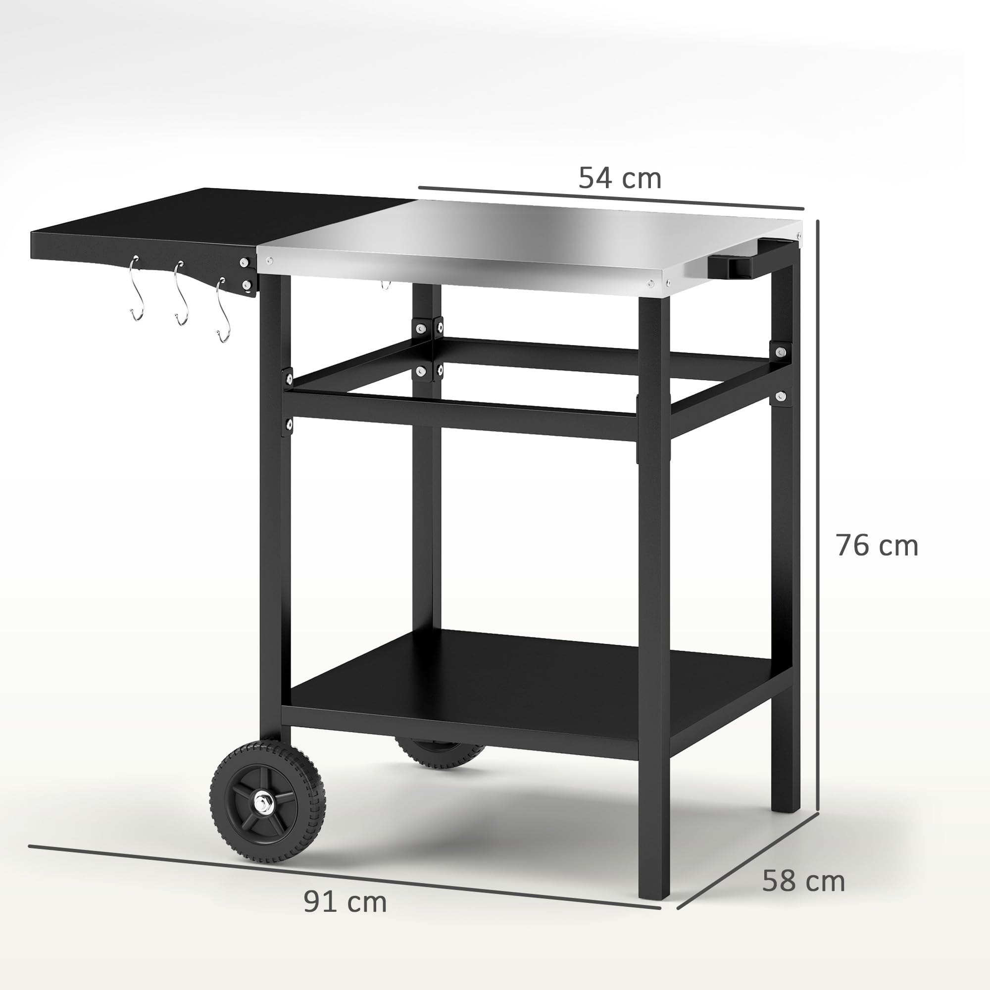 Outsunny Carrito de Barbacoa Superior de Acero Inoxidable con Estante Plegable, Mesa de Cocina Exterior para Horno de Pizza con Ruedas, Asa, 6 Ganchos y Tapa Protectora, 91x58x76 cm, Negro