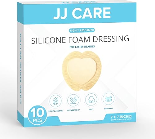 JJ CARE Apósito de espuma de silicona paquete de 10, apósito de espuma de silicona de sacro de 7 x 7 pulgadas con bordes, vendas absorbentes con