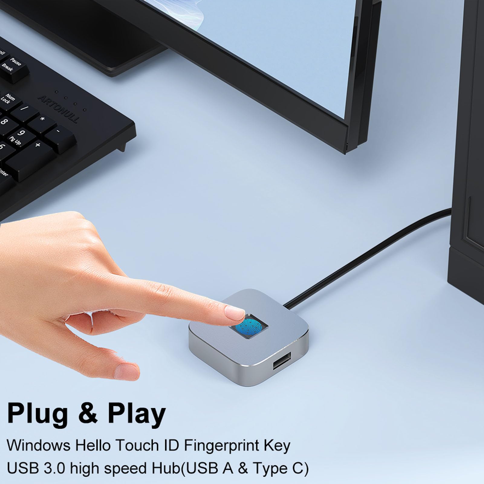 Fockety Lector de Huellas Dactilares USB, Escáner Biométrico Portátil de Huellas Dactilares, Llave de Seguridad de Coincidencia Rápida Táctil de 360 ​​Grados para Computadoras (Silver)
