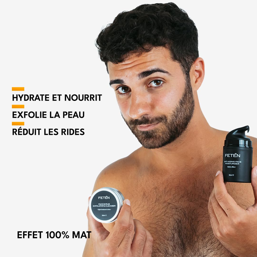 FETEN Coffret Soin Anti-Imperfections Homme - Gommage Visage + Crème Hydratante Matifiante Anti-Rides, Traitement Complet pour la Peau, Coffret Cadeau Homme