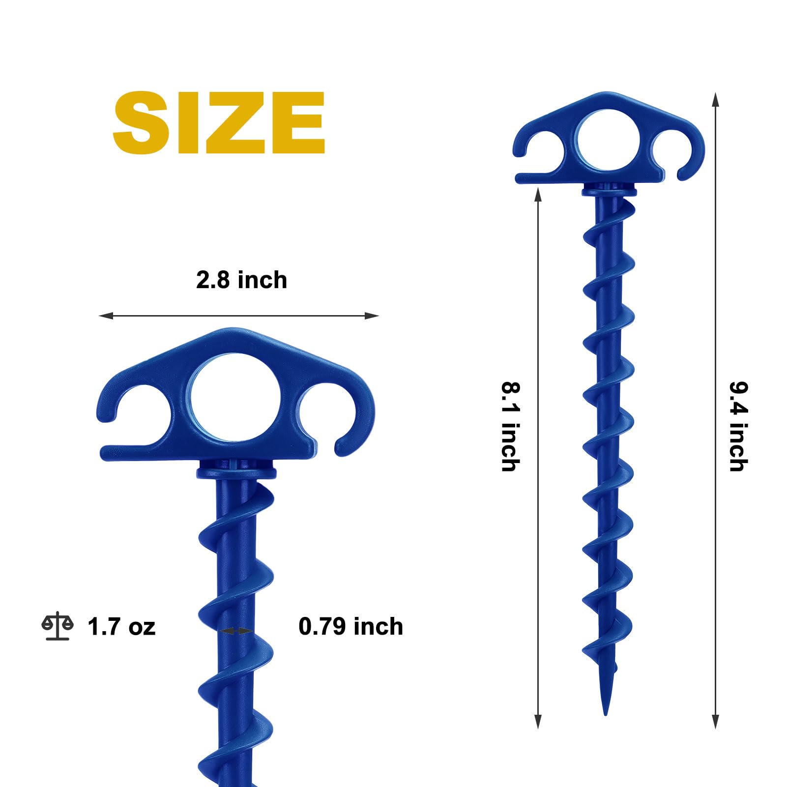 Piquetas de arena para tienda de campaña de playa, estacas de anclaje en espiral, estacas de anclaje de 24,9 cm, resistentes estacas de tornillo para camping, senderismo y más (16, azul)