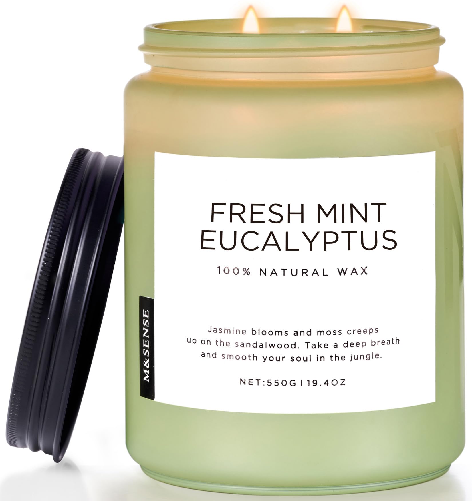 - M&SENSE Eucalyptus & Mint Scented Jar Candle, Large 19.4oz Natural Soy Wax, 110-Hour Long Lasting Non-Toxic Clean Burning, Fresh Smelling Home Aromatherapy for Spa Stress Relief, Gifts for Men Women