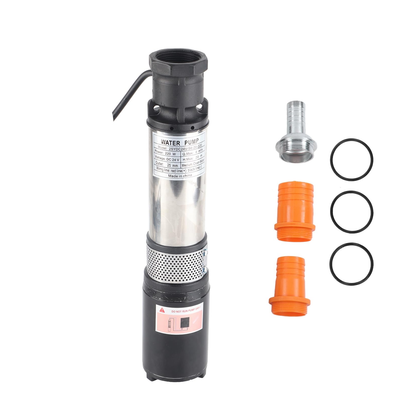 Bomba de pozo profundo solar de 24 V, 220 W, acero inoxidable IP68, alta eficiencia y 20 m de máxima, ideal para riego agrícola, acuicultura y uso doméstico