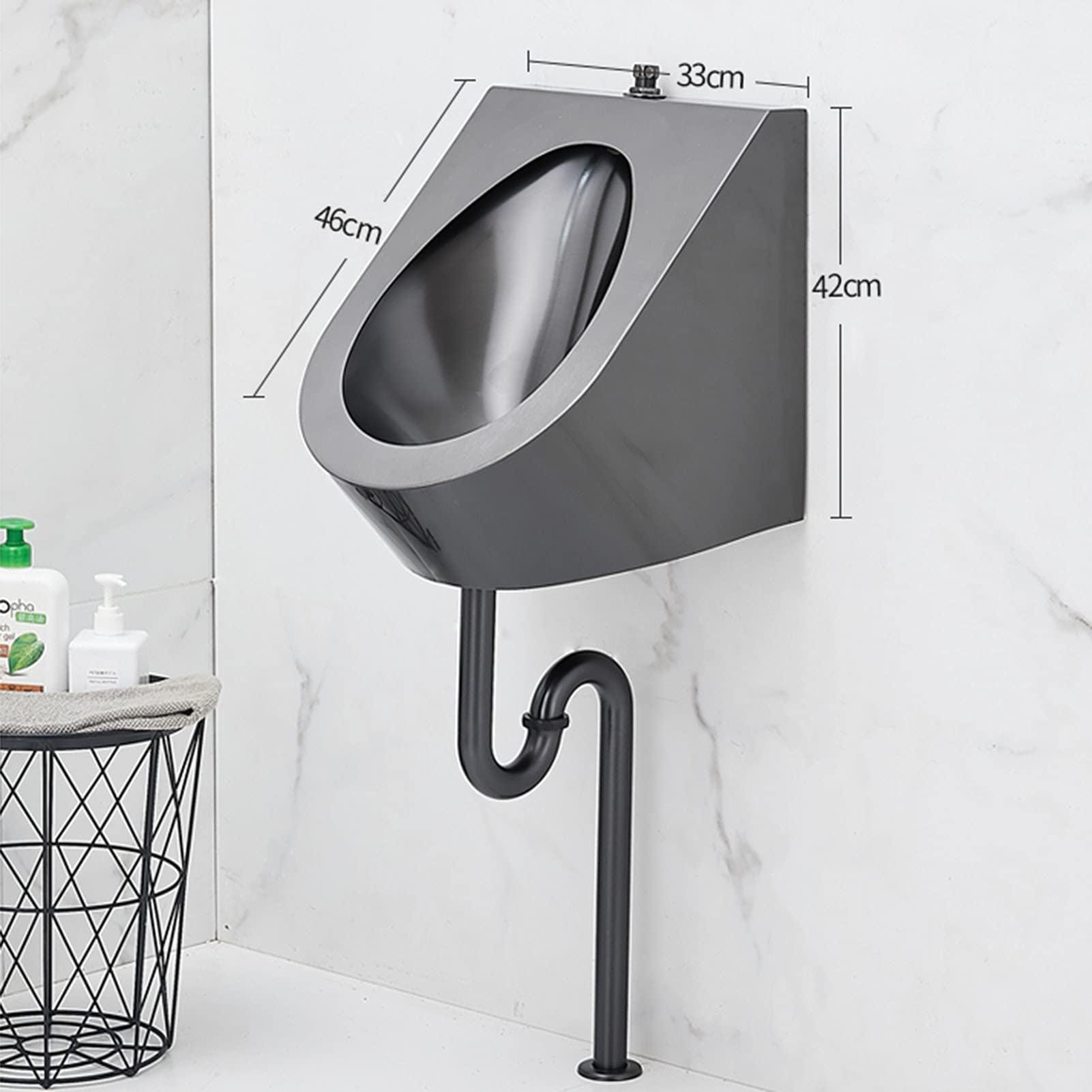 OTQEFTN Household Products Men's Sensor Urinal, Wall-Mounted Stainless Steel Automatic Flushing Urinal with Drain, Smart Infrared Sensor Flush Valve, Black