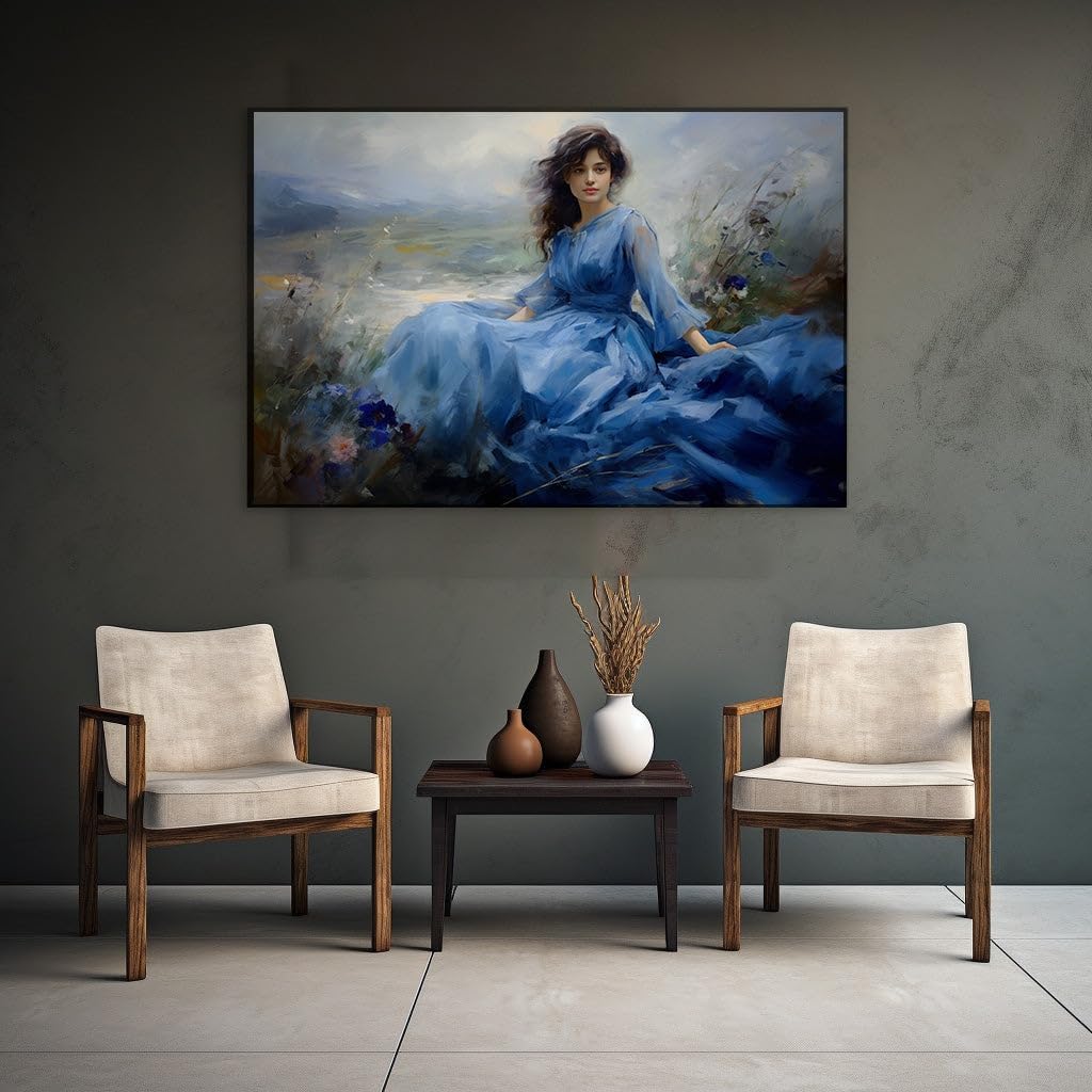 Canvas for Living room. Young Woman in Blue: A Serene Portrait Amidst Pastoral Bliss, 27 x 18 inch Canvas Wall Art - Contemporary Masterpieces - Modern Home Decor - 69x46 cm (27x18 inch)