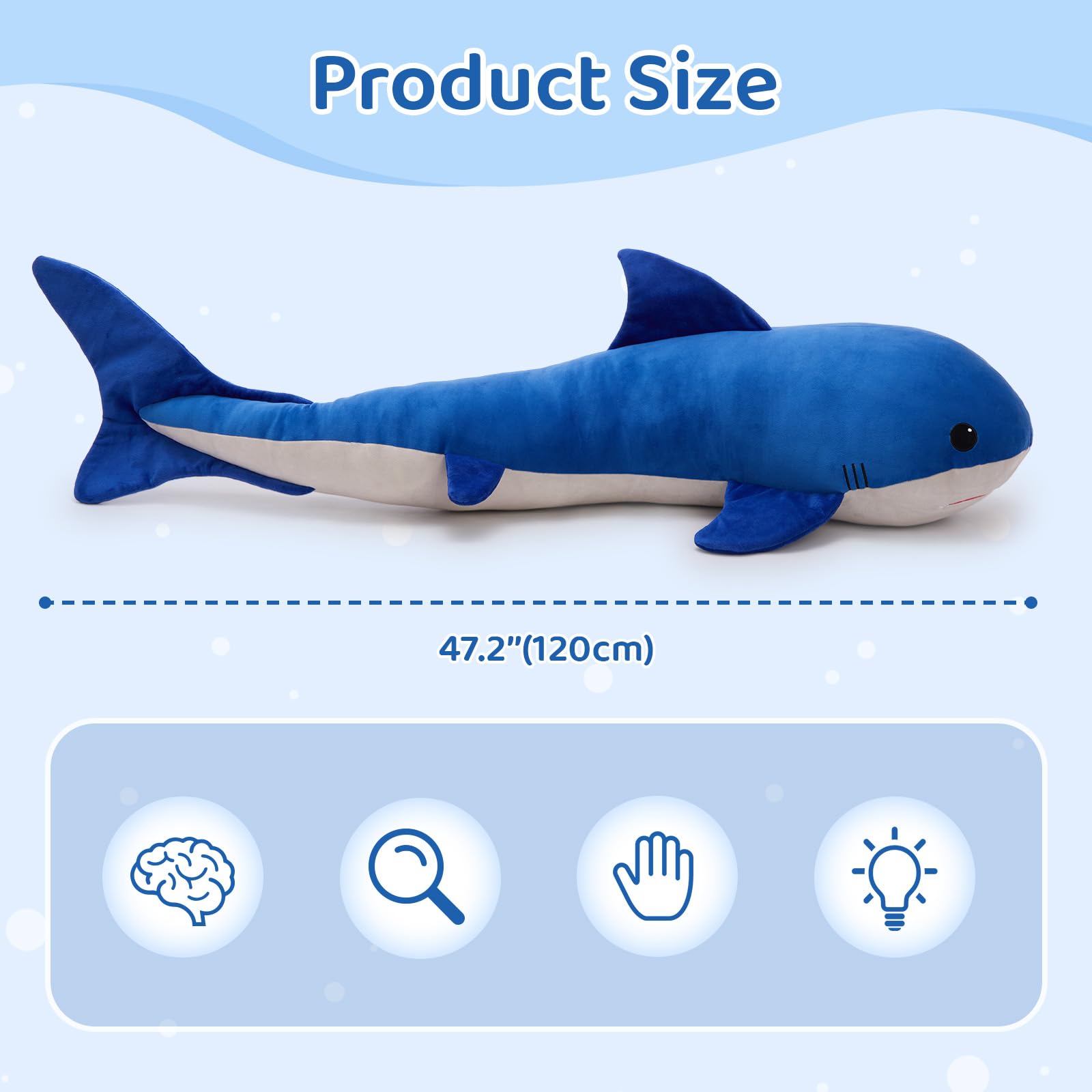 KERTA 4ft Giant Whale Stuffed Animal, S-Shape Long Stuffed Whale Plush Body Pillow for Boys Girls Sleeping, 47inches Ocean Theme Whale Toy Gift for Christmas Birthday Decoration 4