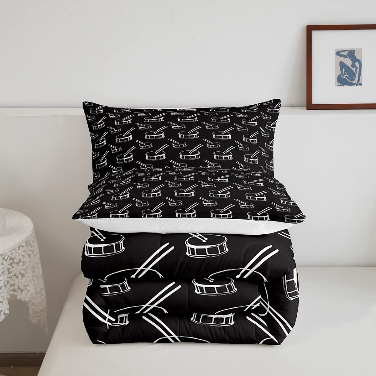 Set di biancheria da letto per musica rock Cool Drum Kit Consolatore ragazzi Camera Decor Kawaii Strumento musicale Consolatore Hip Hop Bianco e Nero Bedding Piumino 230x220cm con 2 federe