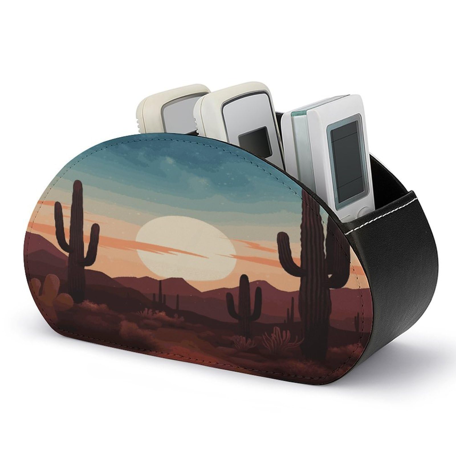 FekiLoot Leather Remote Control Holder with 5 Compartments Desert With Cactus Remote Caddy Desktop Organizer Store TV Remote Holder Remote Organizer for Bedside Table Office Desk
