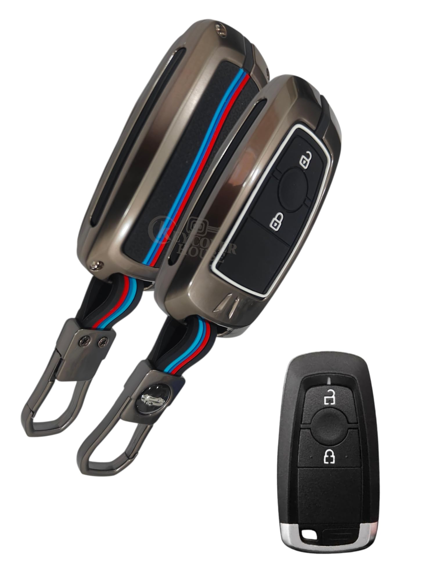 KEY COVER HOUSE Metal Striped Key Cover and Key Chain Compatible for Ford New Ecosport Titanium 2 Button Smart Key I Full Protection