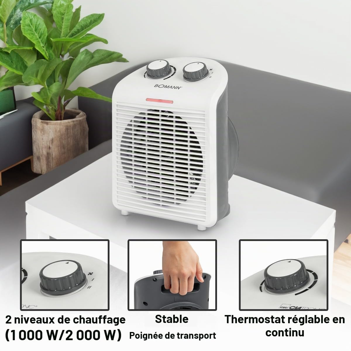 Bomann Chauffage soufflant - Chauffage electrique - Radiateur Soufflant - Chauffage soufflant portable et compact 2 niveaux de chauffage (1000/2000 W) Blanc/HL 660401 CB BOMANN