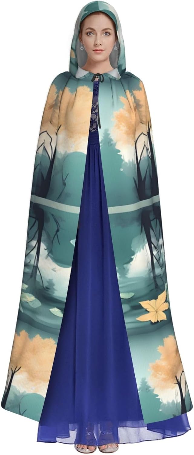 Fallen Leaves On A Tranquil Lake Men Women Halloween Role Play Party Decoration Hooded Poncho Black