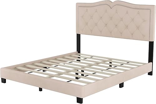 Miniatura 6 de Klwenas Maec Marco de cama de terciopelo tamaño Queen, cabecera capitonada con alas verticales, cama con plataforma tapizada, listones de madera