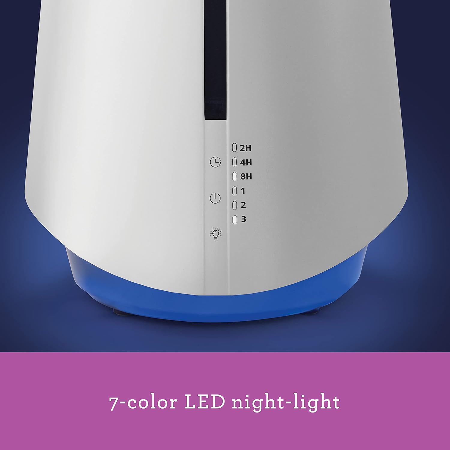 Close-up of the humidifier's base showing the 7-color LED night light