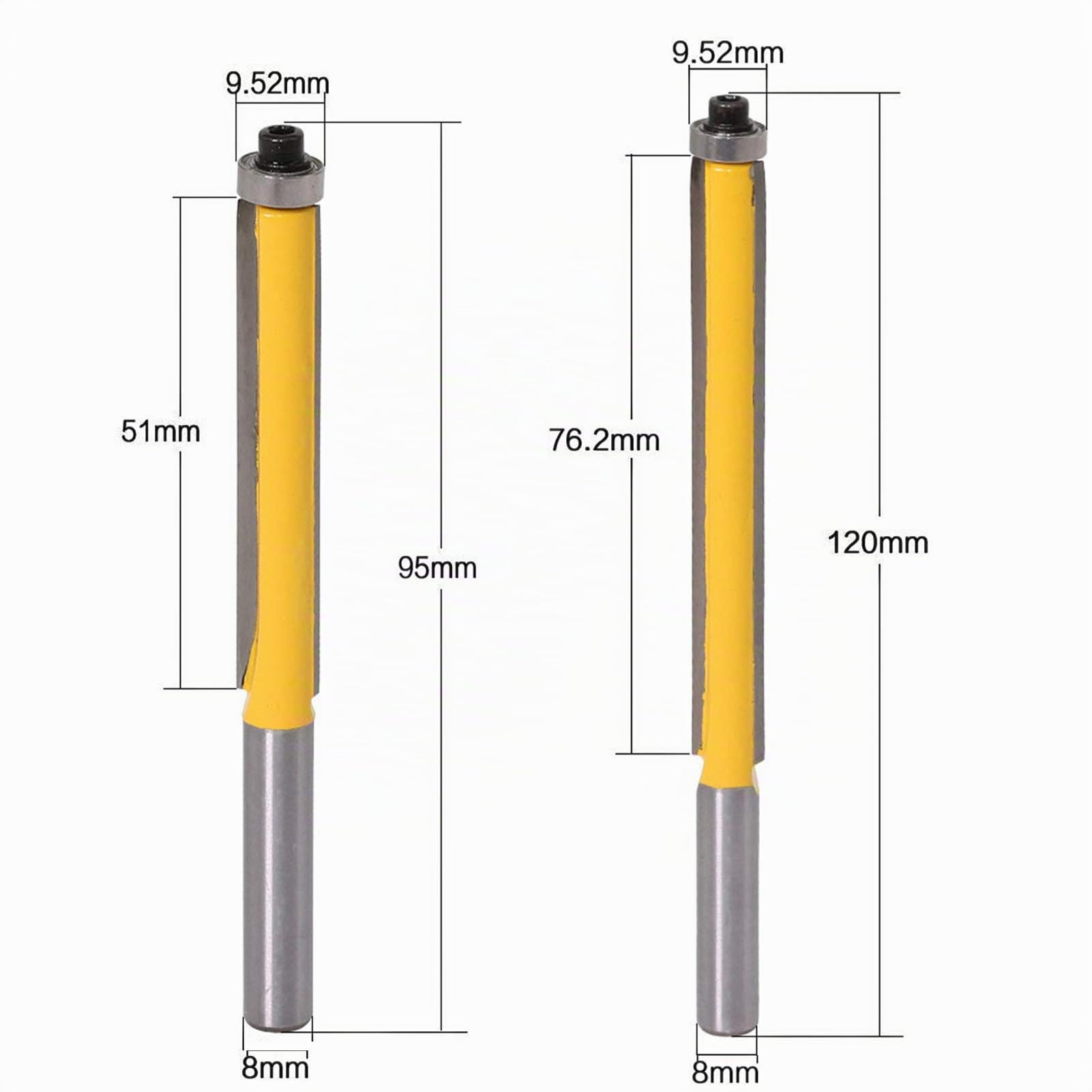2Pcs 8mm Tige Fraise à affleurer à roulement, Fraise à Copier Avec Roulement Supérieur, Extra-longue Fraise à Bois