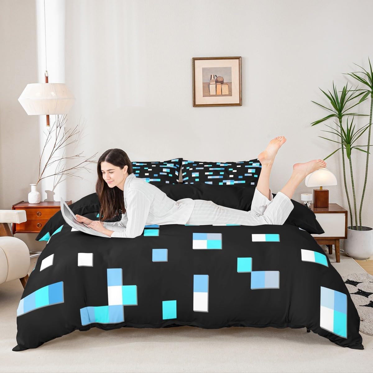 Castle Fairy Blue Miner Square Duvet Cover Twin Size,Geometric Grid Bedding Sets 2Pcs for Kids Girls Boys Adult Room Decor,Pixelated Games Comforter Cover Pixel Style Quilt Covers,1 Pillowcase