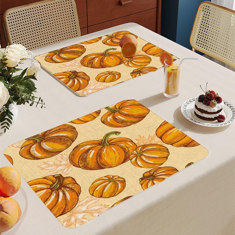 Tischsets Abwaschbar 6Er Set Gelber Kürbis Platzdeckchen Rutschfestes,Platzsets,Tischuntersetzer,Tischunterlage Esstisch 30 X 40 cm,Verwendung Zu Hause, in Cafés, Restaurants