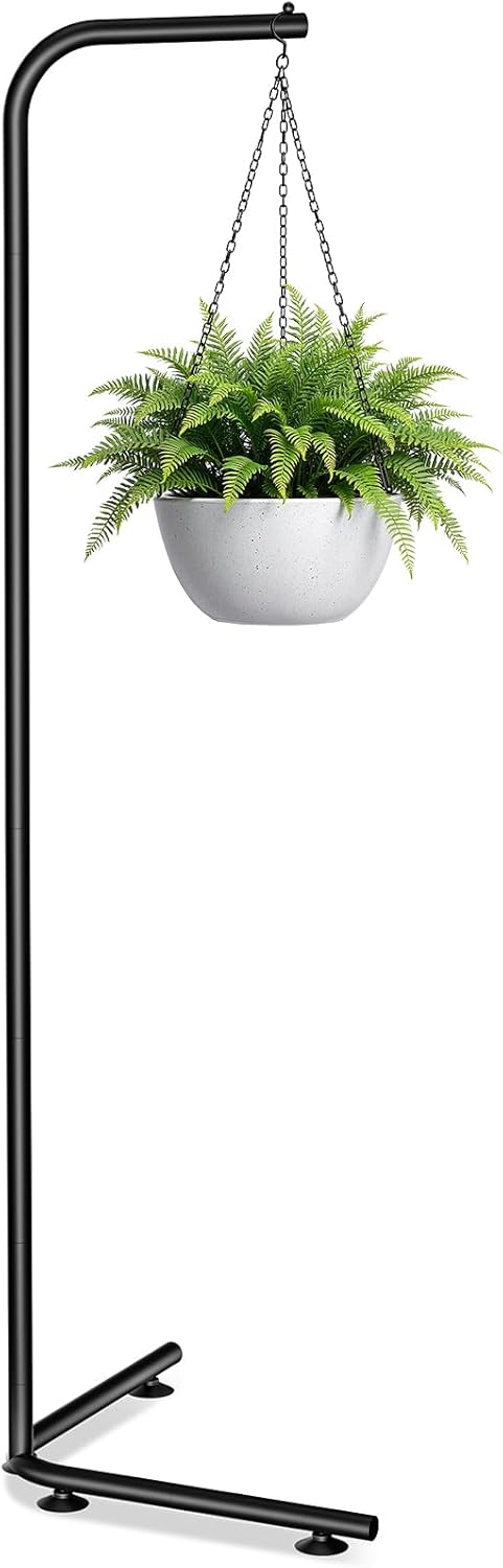 Hanging Plant Stand Indoor, Corner Plant Stands for Indoor Plants, Black Metal Hanging Plant Holder with Suction Base, Standing Plant Hanger for Living Room, Balcony, Garden, Bathroom L-Shape