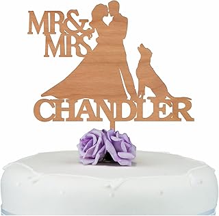 Wooden Kissing Groom Bride and Dog Silhouette Cake Topper - PERSONALISED Acrylic Wedding Cake Topper - Mr & Mrs Cake Decoration - ANY Surname Cake Topper - Rustic Wood Wedding Topper