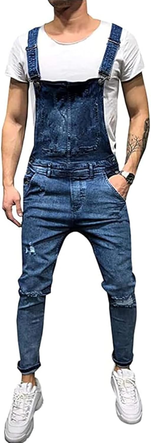 HUNGSON Denim Bib Overalls for Men Slim Fit Jumpsuit with Pockets Fashion Retro Small Darkblue