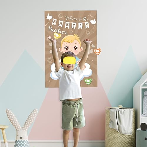 Vista 4 de Hxezoc Pin de juego para baby shower, con 72 calcomanías para chupete, póster grande de juegos de fiesta de bebé para niños, baby shower