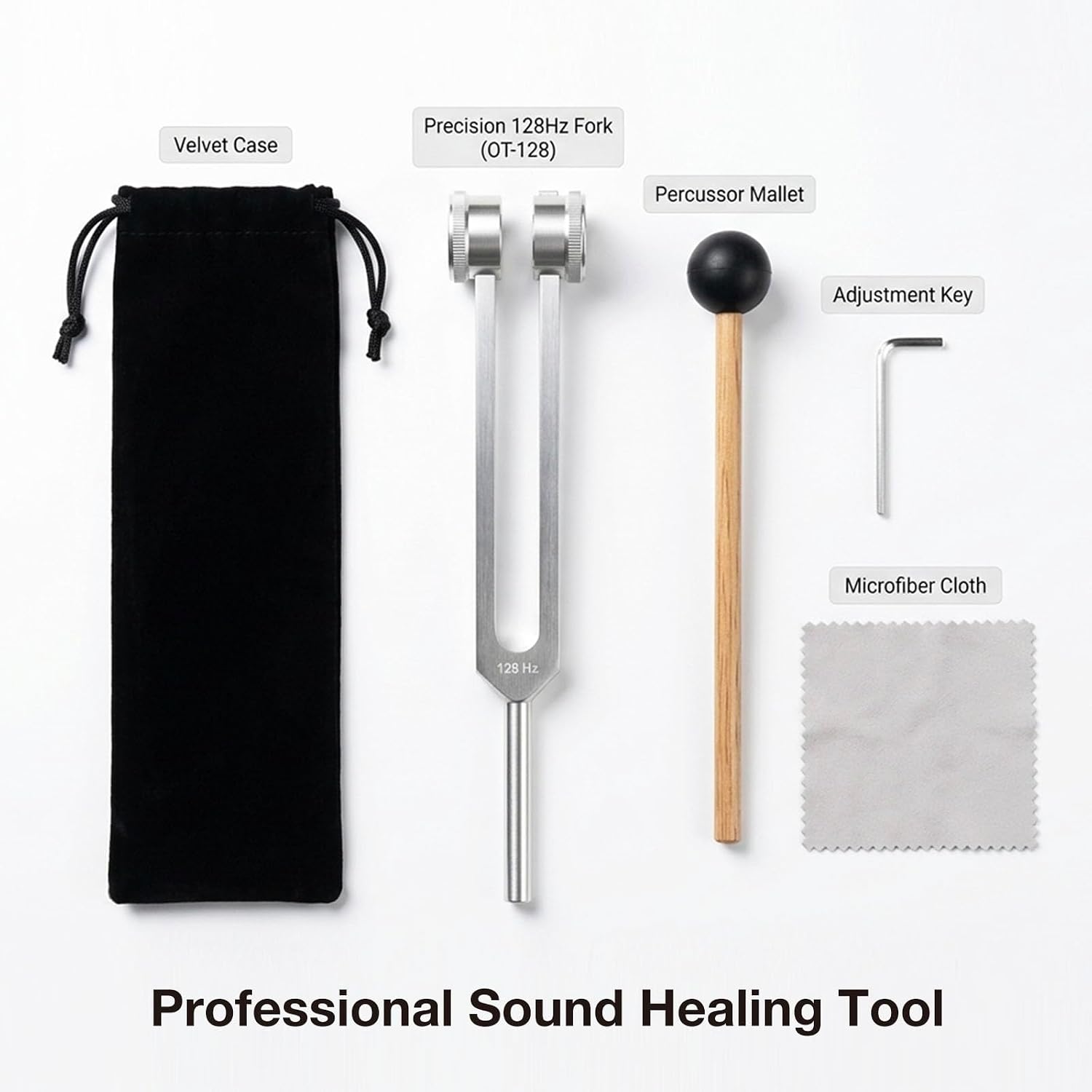 128Hz Aluminum Weighted Tuning Fork Set with Mallet, Carrying Bag, Cleaning Cloth and Hex Key, Sound Healing Frequency Therapy Tool for Meditation, Relaxation, Wellness and Energy Work