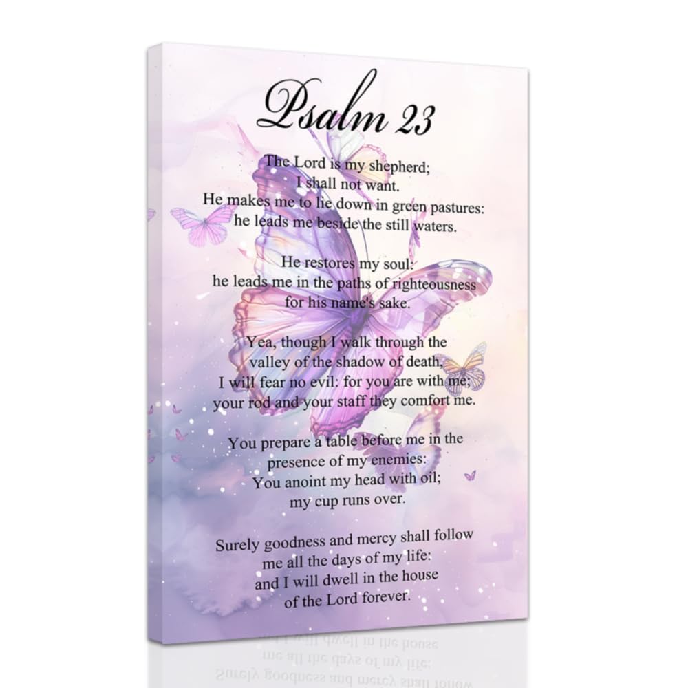 ZXHYWYM Christian Wall Art Psalm 23 Pictures Butterfly Canvas Prints Bible Verses Painting Inspirational Poster for Home Decor Framed (30 x 45 cms)