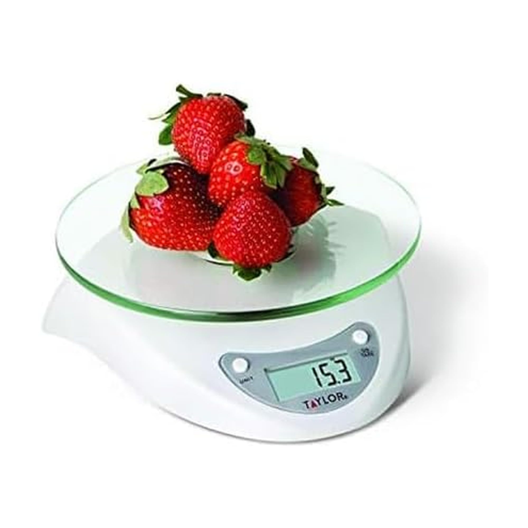 Taylor Digital Kitchen Scale with Glass Platform, Tare Button, and Plastic Body Weighs up to 11 Pounds Capacity, White