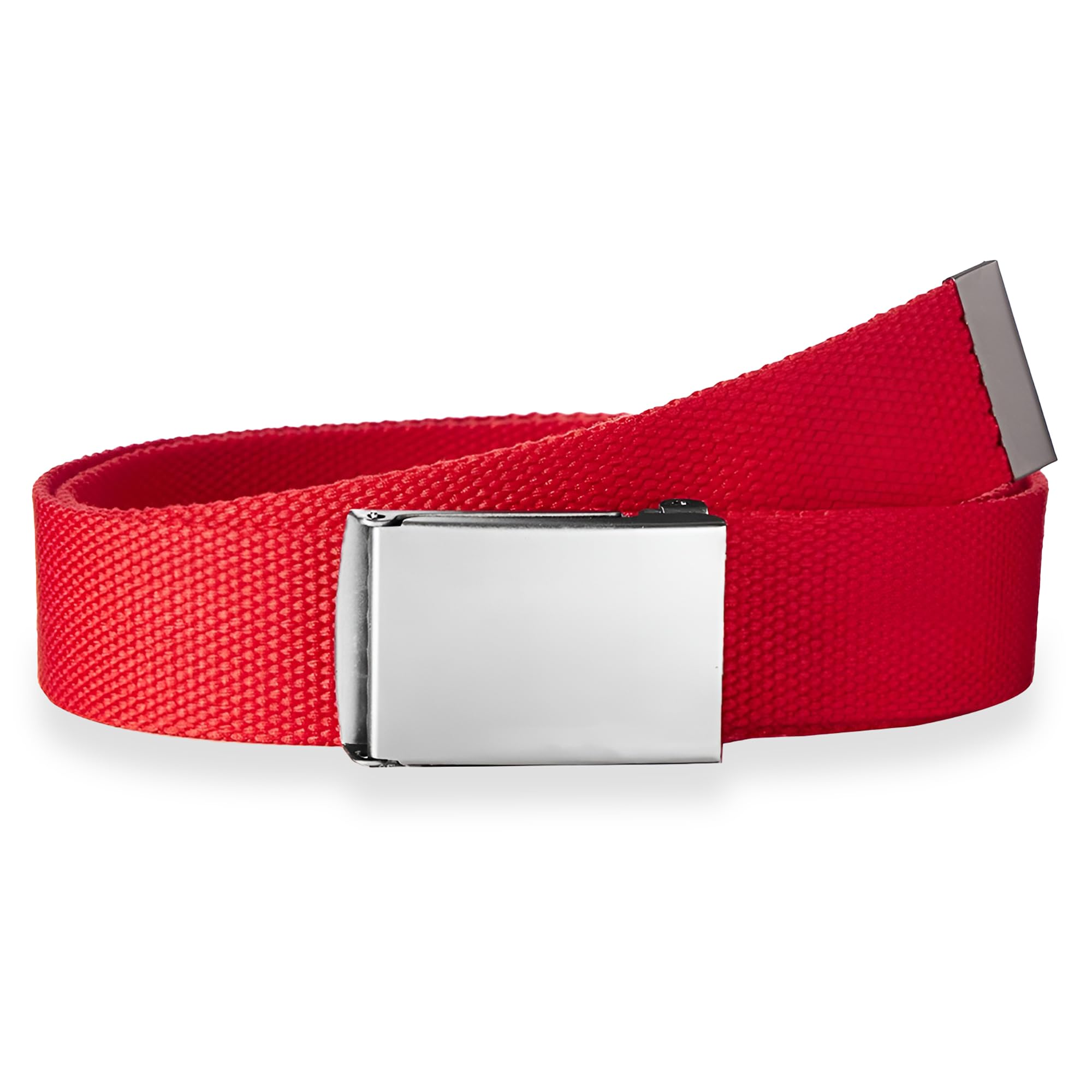 WedDecor Unisex Webbing Belt Fits 26-51 Inches - Army Combat Style Cotton Fabric Canvas Material - With Shiny Silver Buckle Slide Catch Clamp for Casual Wear-Red