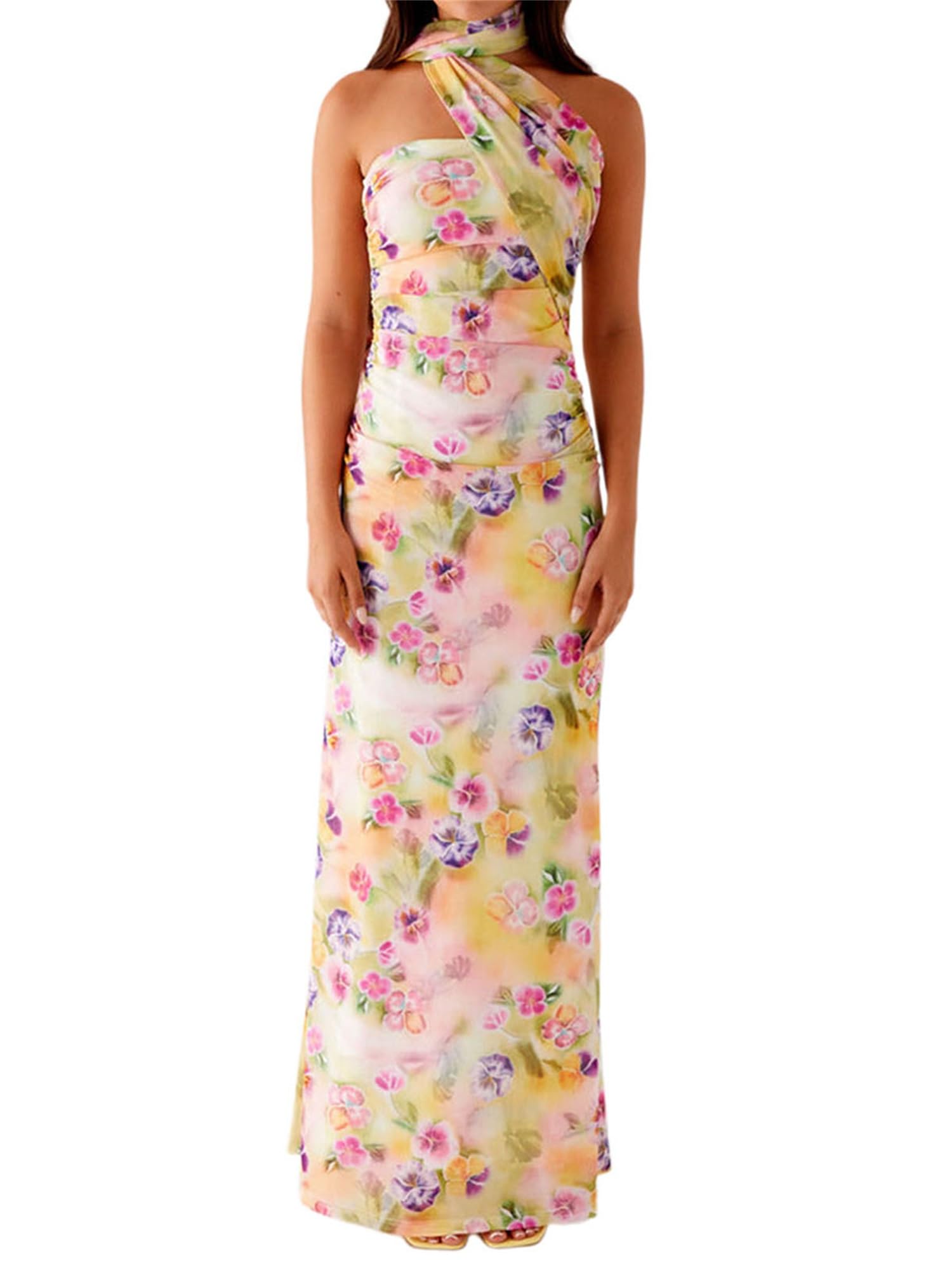 Acrawnni Women Floral Tube Maxi Dress with Scarf Y2k Sleeveless Strapless Backless Formal Cocktail Sundress Mesh Long Bodycon Dresses (C-Mixed Color, M)