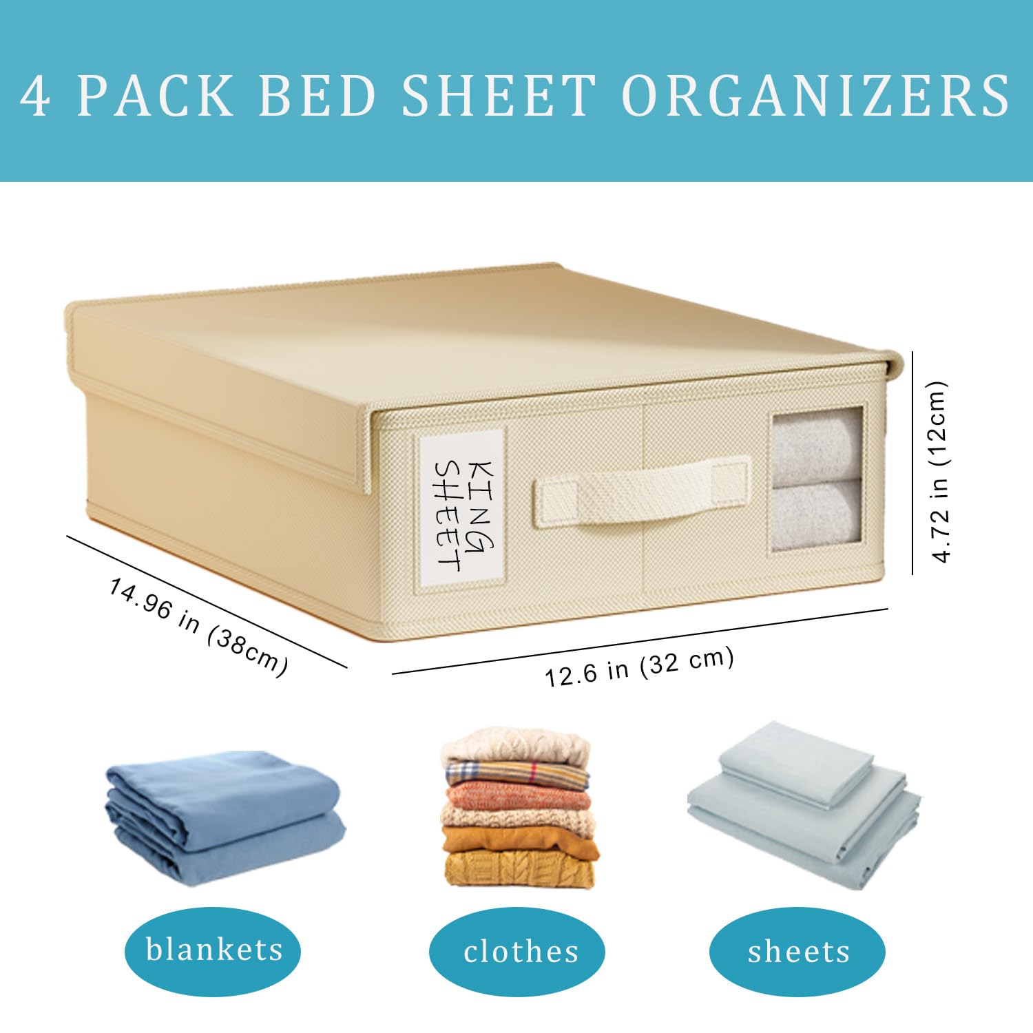 Tuza 4 Pack Bed Sheet Organizers and Storage, Foldable Linen Closet Organizer (Queen & King Size), Sheet Set Organizers with Window, Bedding Storage Box for Bedsheets, Duvet Covers and Blanket, Beige
