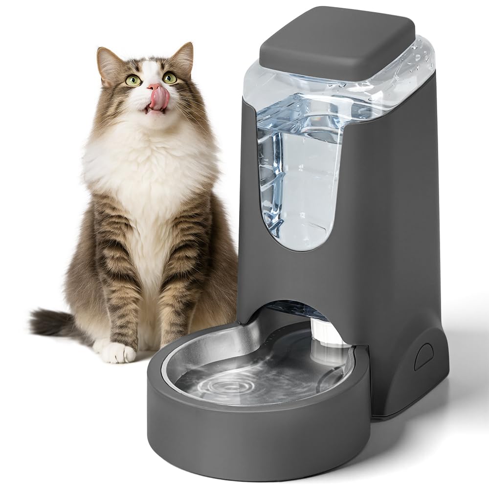 Photo 1 of 1 Gallon Automatic Cat Feeder Gravity Stainless Steel Water Dispenser Dog Feeder for Small Medium Puppy Kitten Pets Water Feeding Bowls,Charcoal Gray