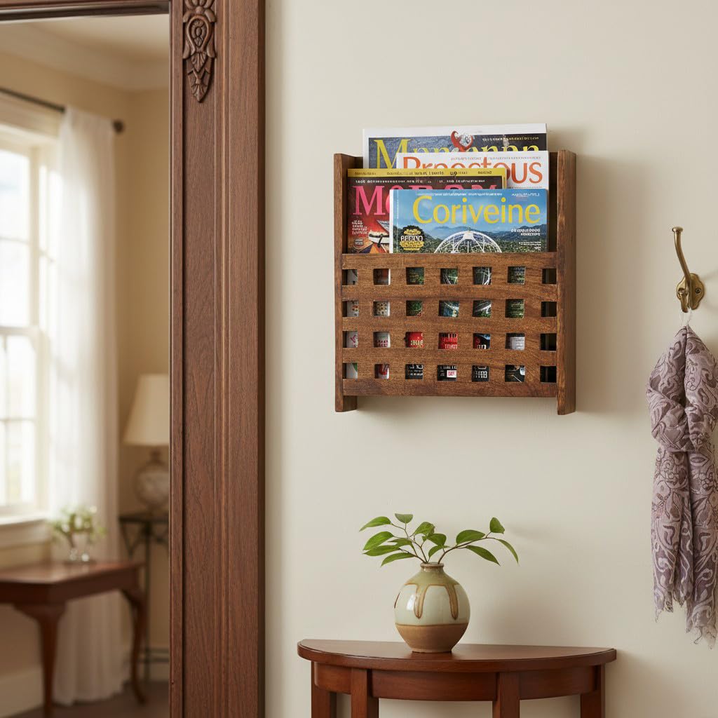 THE URBAN STORE Magazine Holder, Book Holder, Paper Stand Wall Mounted Wooden Walnut Color 10"x 4"x 11" Pack Of One French Country Style Elegantly Hand Crafted For Home And Office Decor TUSMG07
