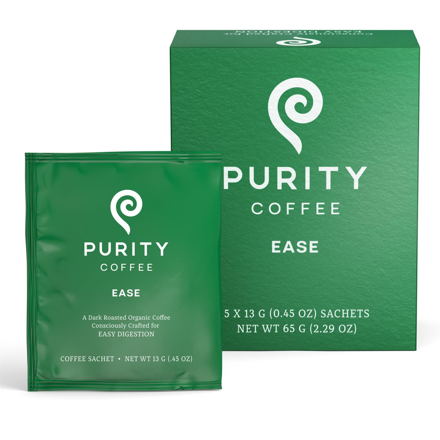 Purity Coffee EASE Low Acid Dark Roast Single Serve Sachets (5ct Box) | Specialty-Grade USDA Organic Arabica Blend | Third Party Tested for Mold, Mycotoxins & Pesticides