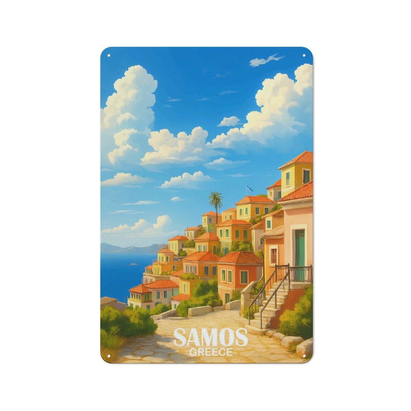 Junmoney Style-5 Tin Wall Plaque 30X20cm With Samos, Greece Coastal Scene For Garage Wall, Suited To People Furnishing A Garage