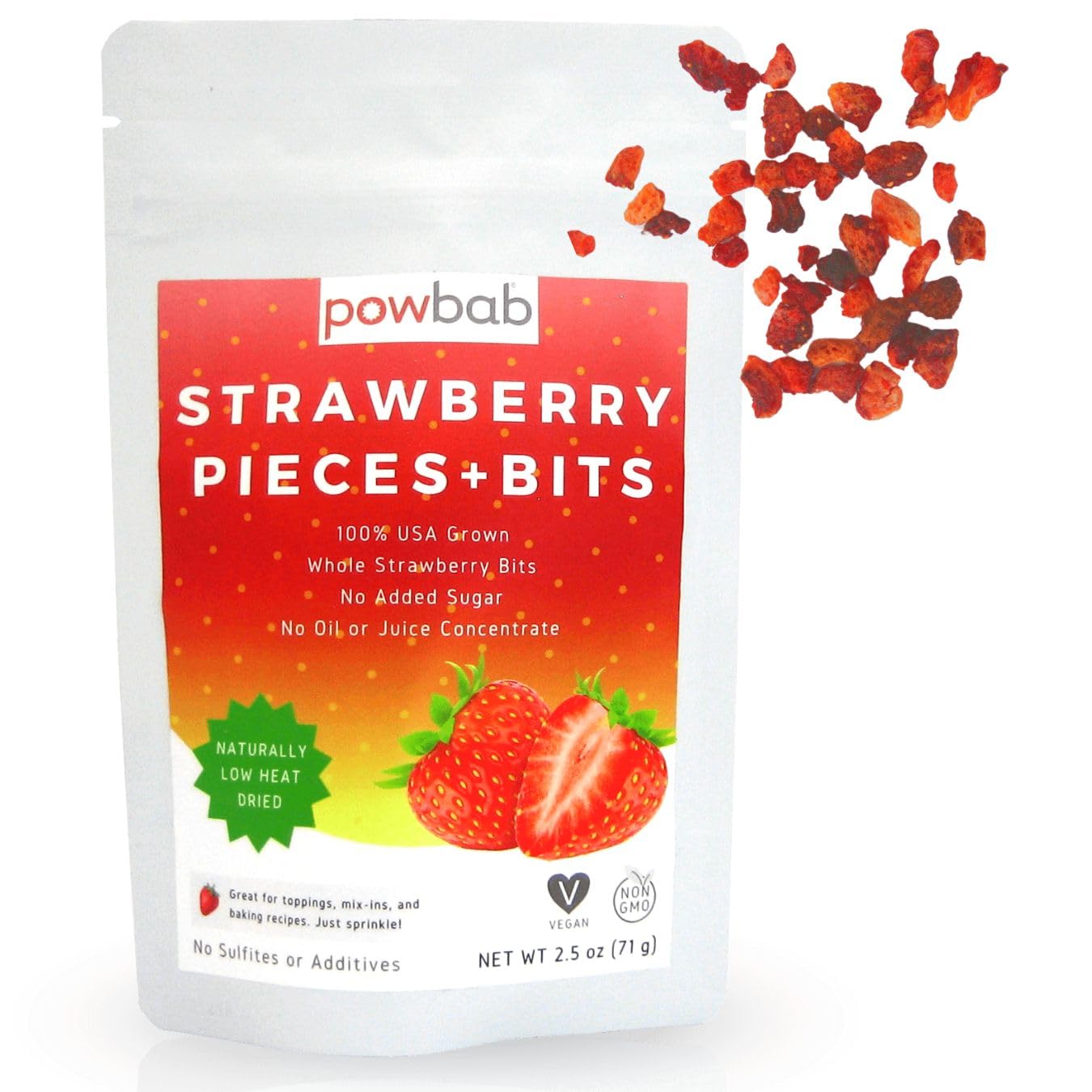 powbab Strawberry Pieces + Bits. 100% USA Grown Dried Strawberry Bits. No Sugar Added, Unsweetened Strawberry Perfect for Baking or Adding to Cereal. Not Freeze Dried Strawberries. Non-GMO. (2.5 oz)
