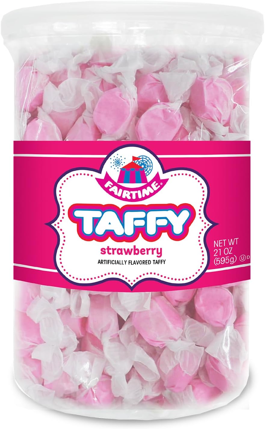 Fairtime Pink Strawberry Taffy, 21 oz Jar - Individually Wrapped Saltwater Taffy for Soft & Chewy Candy Gifts, Wedding Candy Favors for Guests, Buffet, Birthday Parties - Kosher Certified Candies
