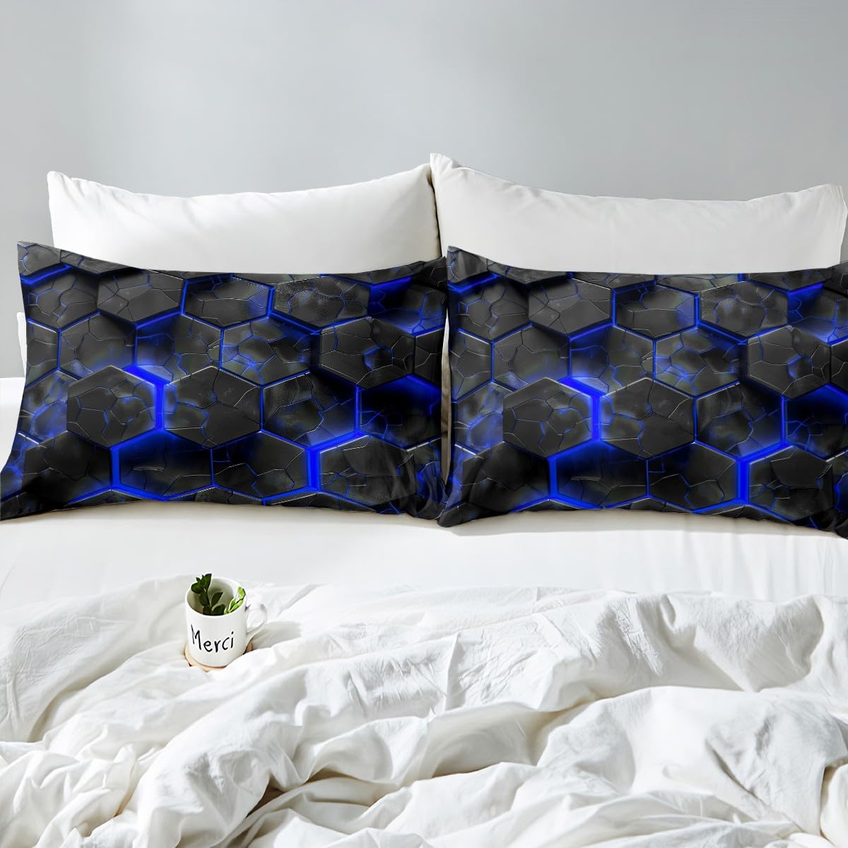 Loussiesd 3D Geometric Honeycomb Duvet Cover Set Double Size For Kids Boys Teens Blue Neon Hexagonal Bedding Set Modern Art Comforter Cover with 2 Pillowcases Stripe Line Beds Set - Image 4