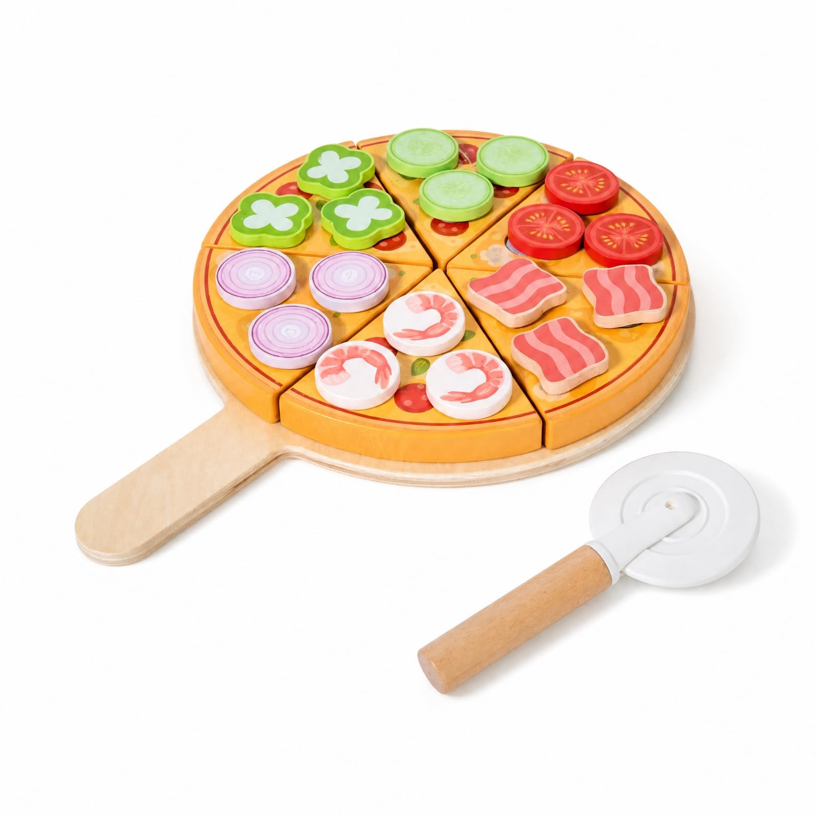 Set Pizza Giocattolo con Tagliapizza Educativo Pizza in Legno Giocattolo Creativo per Bambini in età Prescolare, Scuola Dell'infanzia