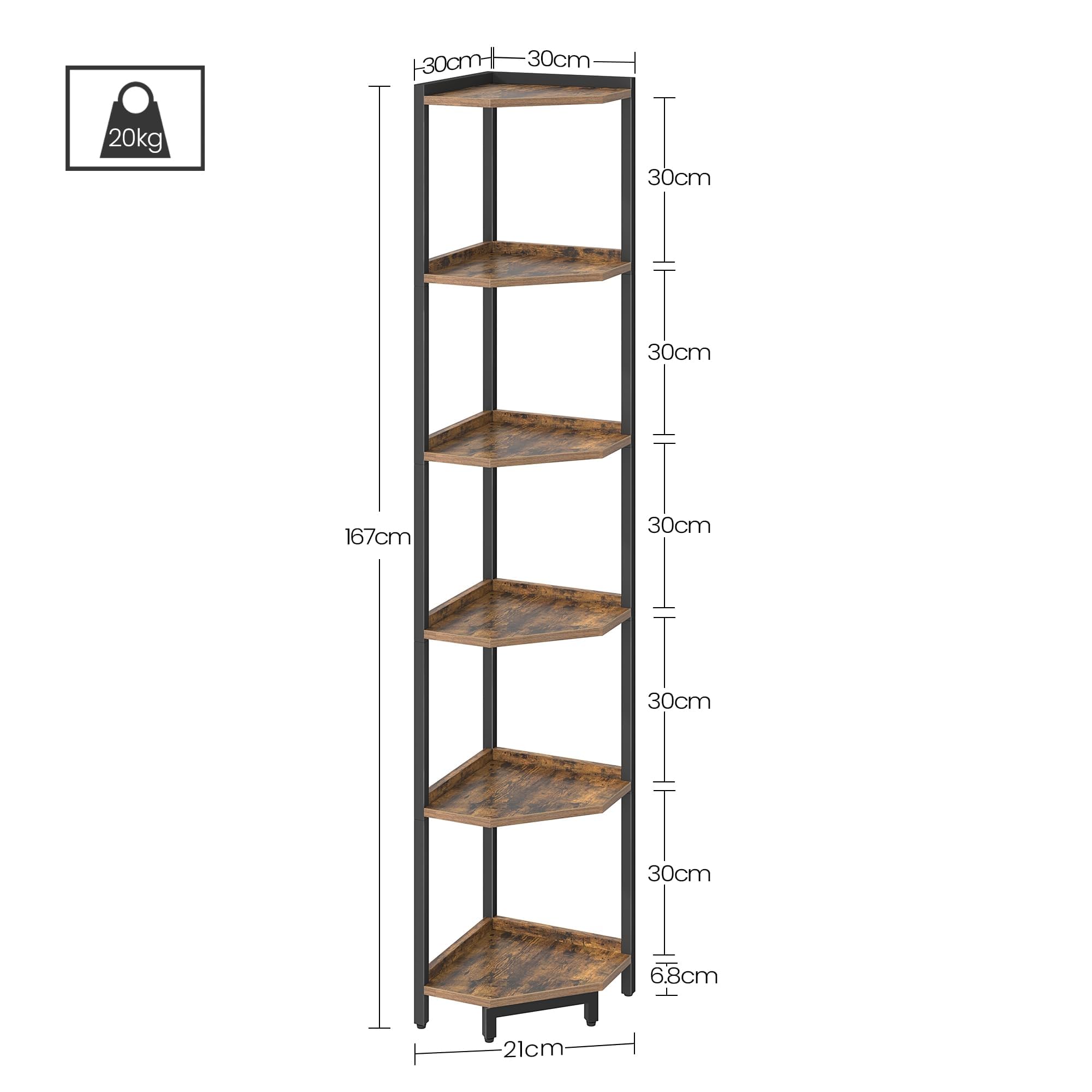 Hzuaneri Étagère d'angle, bibliothèque à 6 Niveaux, étagère autoportante, étagère de Rangement, bibliothèque d'angle, Convient pour Salon, Bureau et étude, 30 x 30 x 167,5 cm, Marron et Noir CS06001B