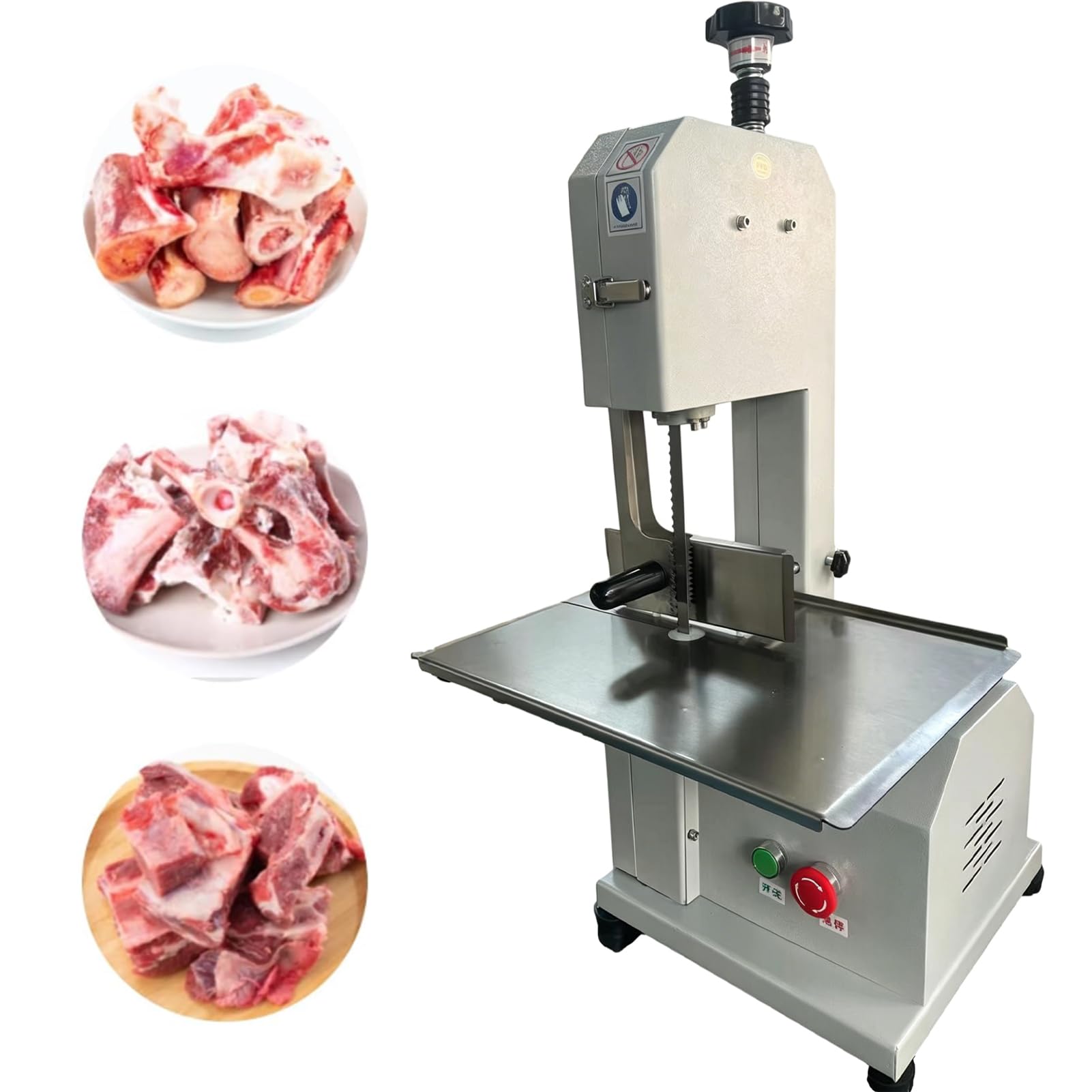 Sierra de Cinta Eléctrica Industrial para Carne y Huesos 1100W, Cortadora Profesional de Acero Inoxidable con 8 Hojas, Mesa 44x31cm, Grosor 0-13cm, para Costillas, Res y Carne Congelada