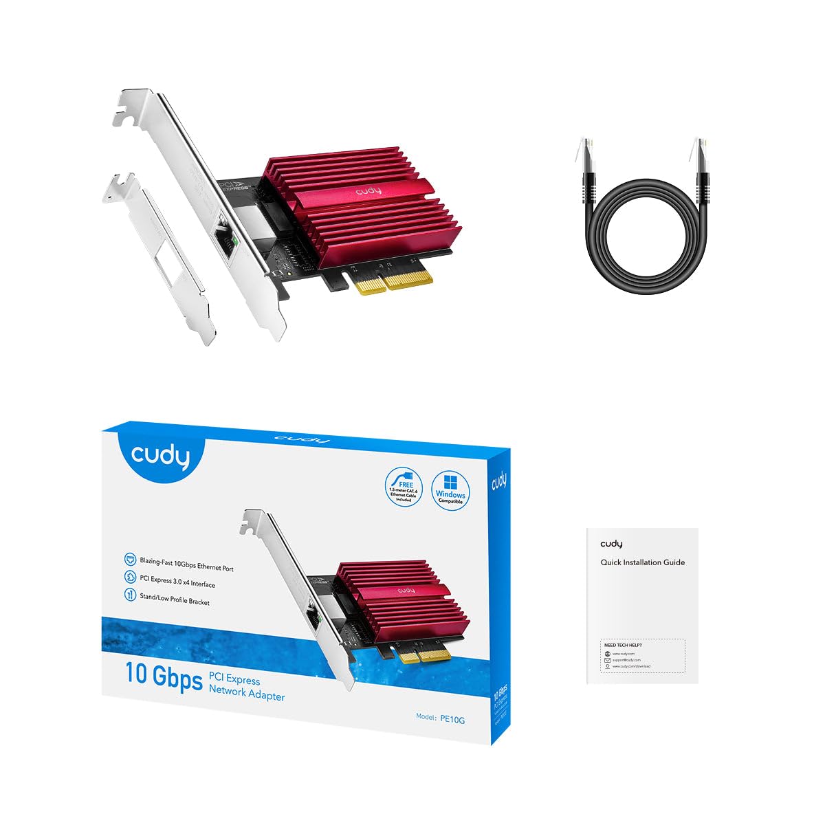 Cudy Karta sieciowa 10 GB PCIe, adapter 10G Base-T, Flow Control, 10 Gigabit Ethernet adapter do Windows 11/10, Windows Server 2022 i Linux, w zestawie kabel sieciowy