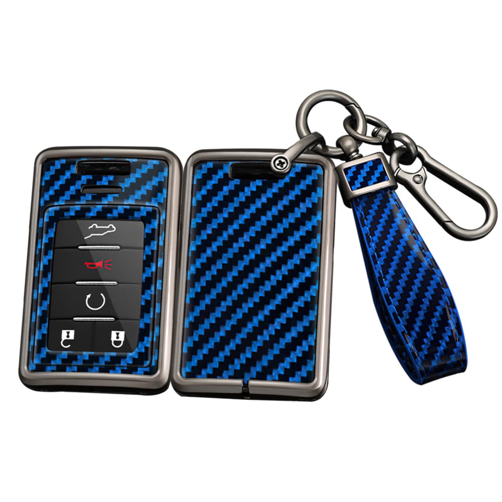 onttoKey Fob Protector Fit for Cadillac 2011-up Smart Remote Metal Car Key Cover Full Protection for ATS CTS DTS XTS SRX STS Escalade Carbon Pattern Blue